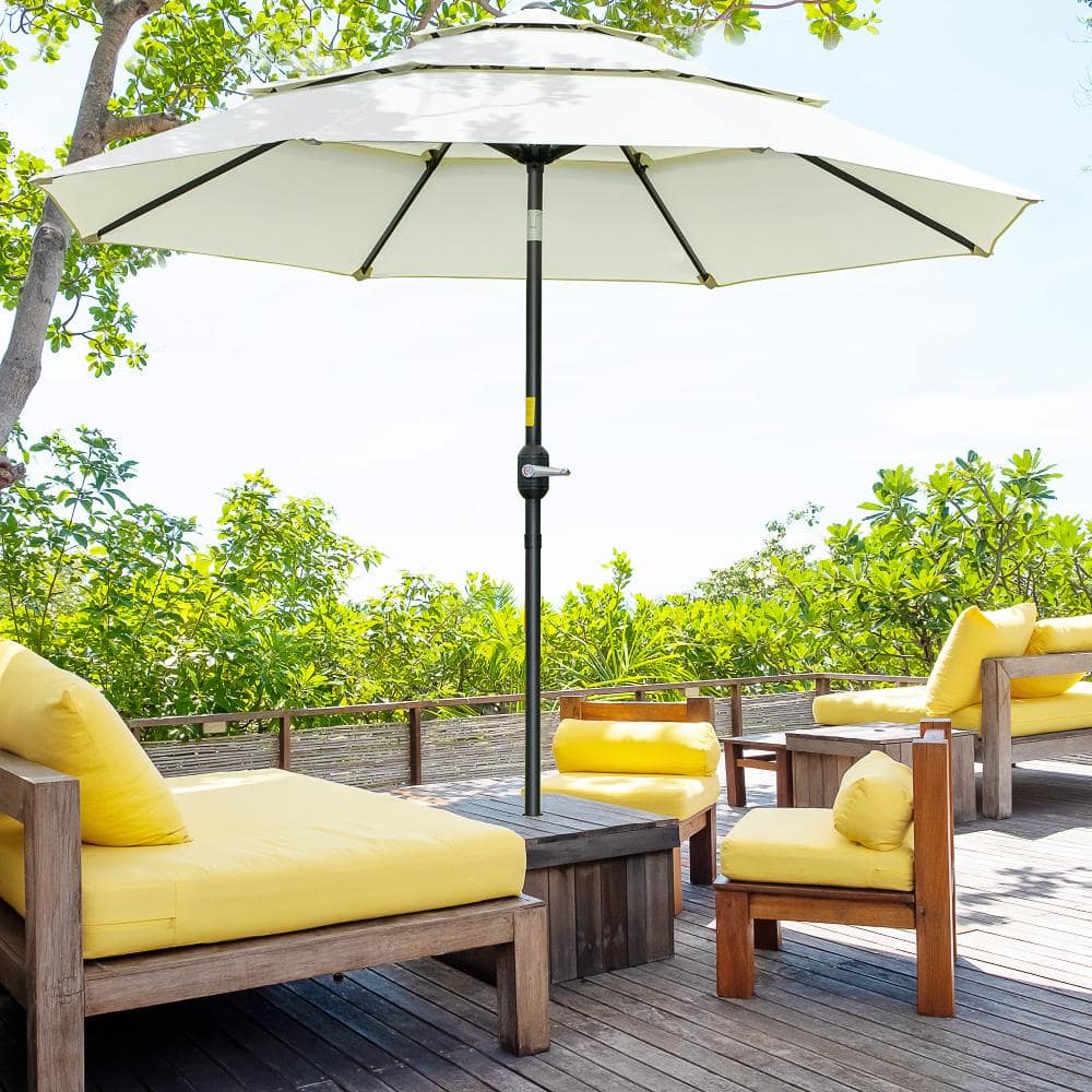 Outsunny 9 ft. 3 Tiers Patio Umbrella Outdoor Market Umbrella with Crank, Push Button Tilt in Beige price history on PriceWatchPro