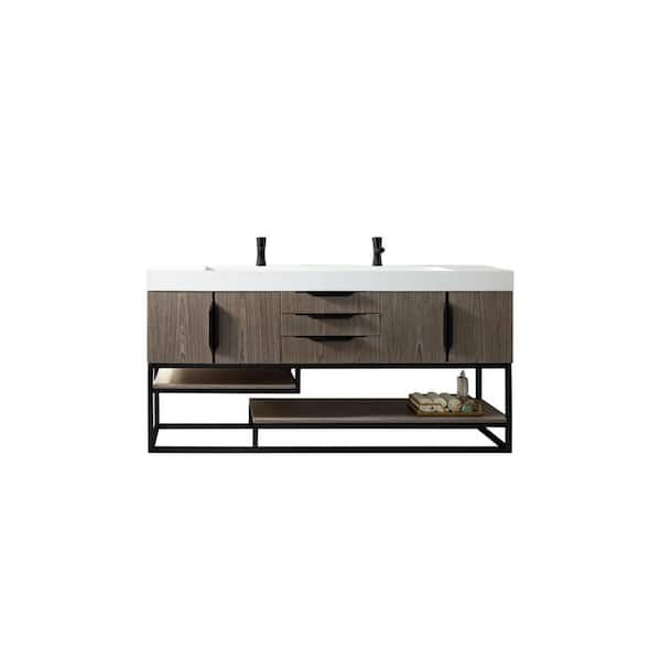 James Martin Vanities Columbia 72.5 in. W x 19 in. D x 36 in. H Double Bath Vanity in Ash Gray with Glossy White Composite Top