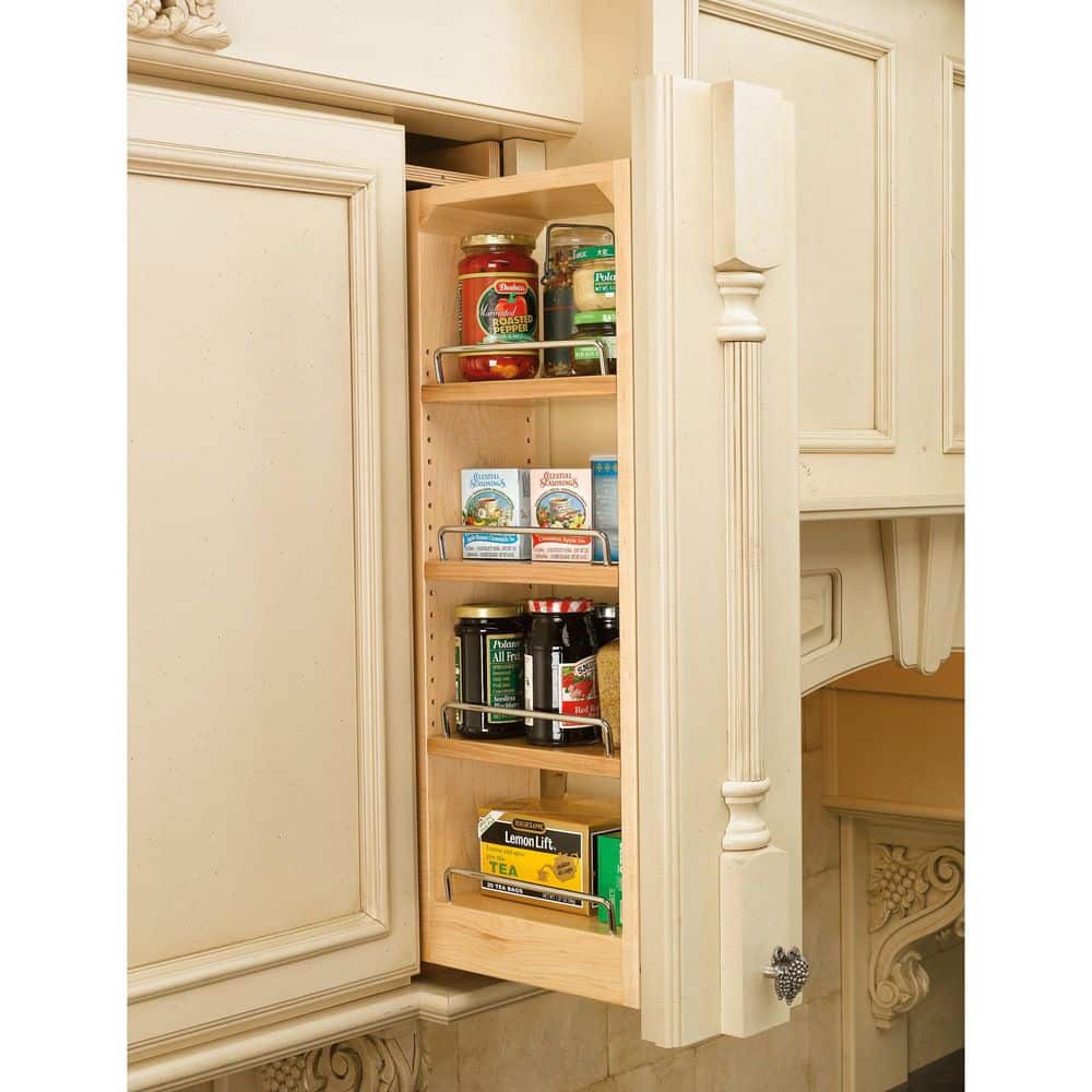 Maple Wood Pull-Out Wall Cabinet Organizer with Chrome Rails