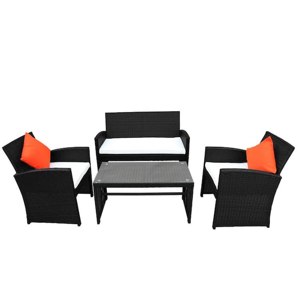 Tunearary Black 4-Pieces Wicker Outdoor Patio Furniture Sets Rattan Chair Wicker Set with White Cushion