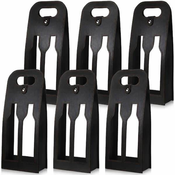 6-Pack Double Bottle PU Leather Wine Tote Bags with Clear Window for Carrying Two 750 ml Bottles in Black