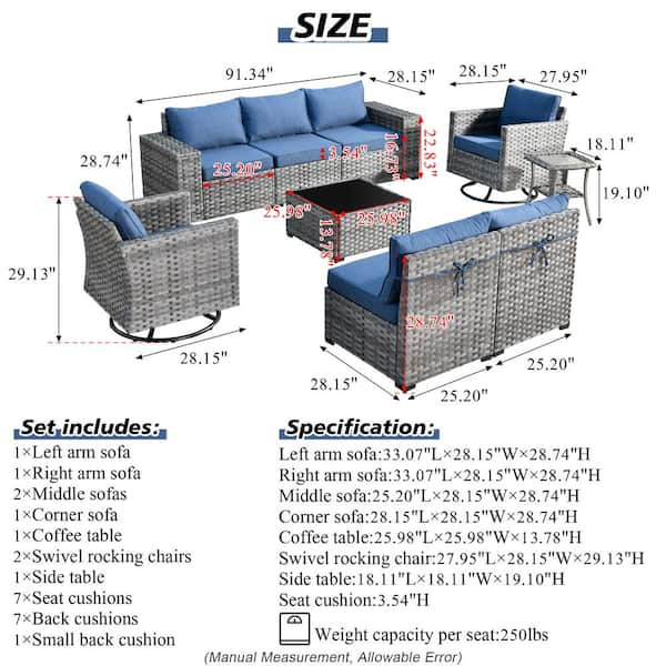 HOOOWOOO Tahoe Grey 9-Piece Wicker Outdoor Patio Conversation Sofa