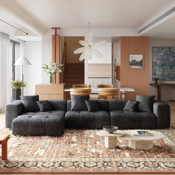 J&E Home 144.17 in. Square Arm Oversized Linen 4-piece Sponge Modular Sectional Sofa with Soft Cushion, Ottoman in. Black