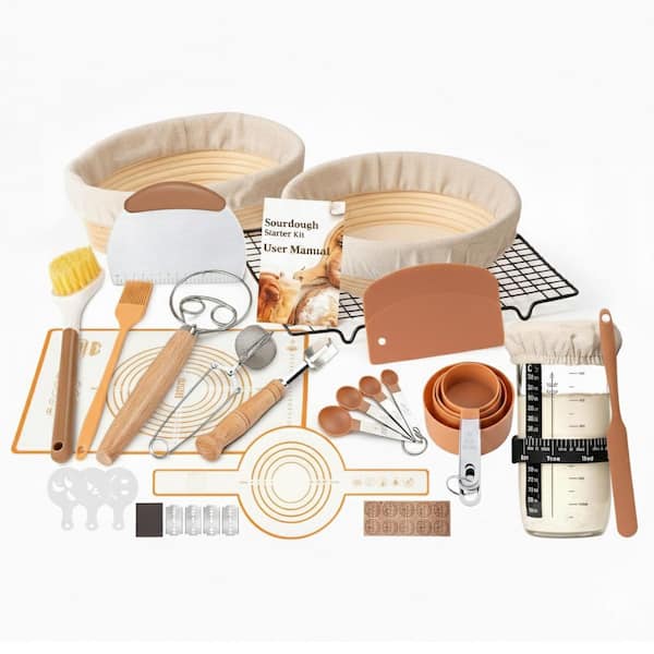 Sourdough Starter Kit w/ 9 in. & 10 in. Rattan Banneton Baskets, Bread Sling Starter Jar, Scrapers, Stencils, Rack & Bag