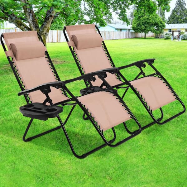 2-Pack Metal Outdoor Folding Zero Gravity Reclining Lounge Chairs in Beige with Tray and Headrest for Patio Garden Beach