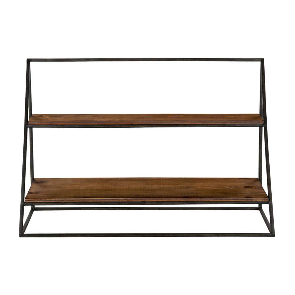 Rustic Black Metal and Wood Two-Tier Wall Shelf