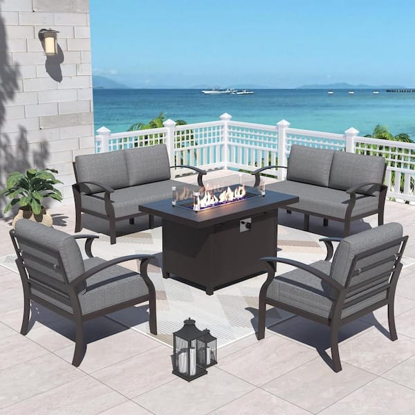 Halmuz 5-Piece Aluminum Outdoor Patio Conversation Set with armrest, 55000 BTU Propane Firepit Table and Gray Cushions