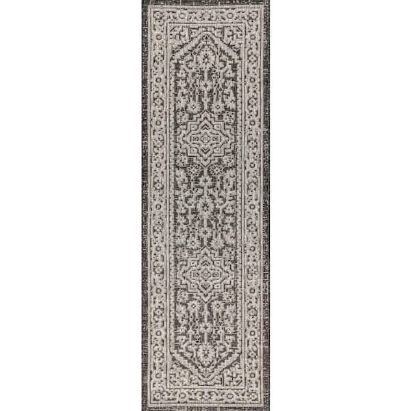 Sinjuri Gray/Black 2 ft. x 10 ft. Medallion Textured Weave Indoor/Outdoor Runner Rug