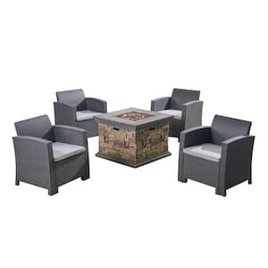 Rosedale 5-Piece Faux Wicker Outdoor Patio Fire Pit Conversation Set with Light Grey Cushions