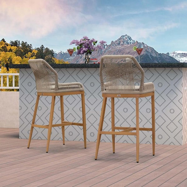 Modern Aluminum Twill Wicker Woven Counter Height Outdoor Bar Stool with Back and Sunbrella Taupe Cushion (2-Pack)