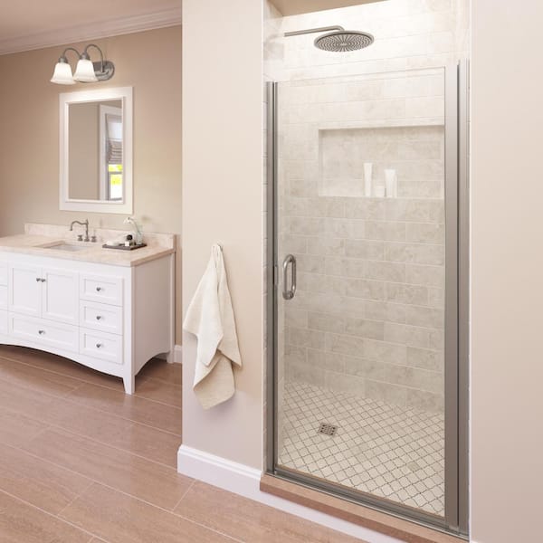 Basco Infinity 28 in. x 65-9/16 in. Semi-Frameless Hinged Shower Door in Brushed Nickel with Clear Glass