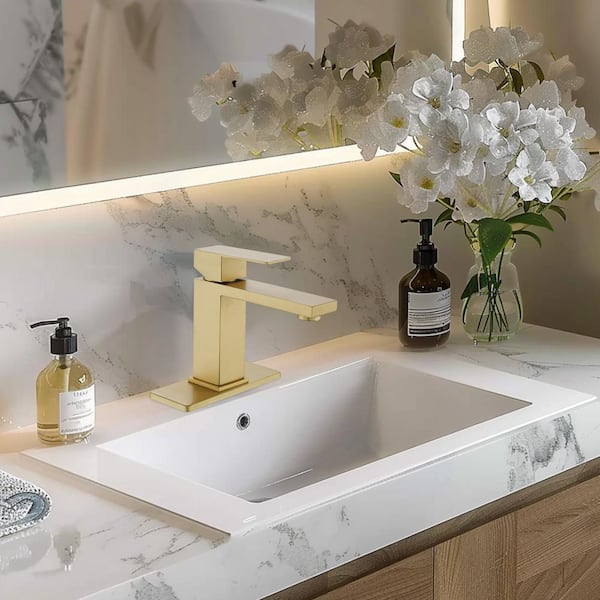 304 Stainless Steel Single Handle Single Hole Bathroom Faucet with Drain Kit Included in Gold