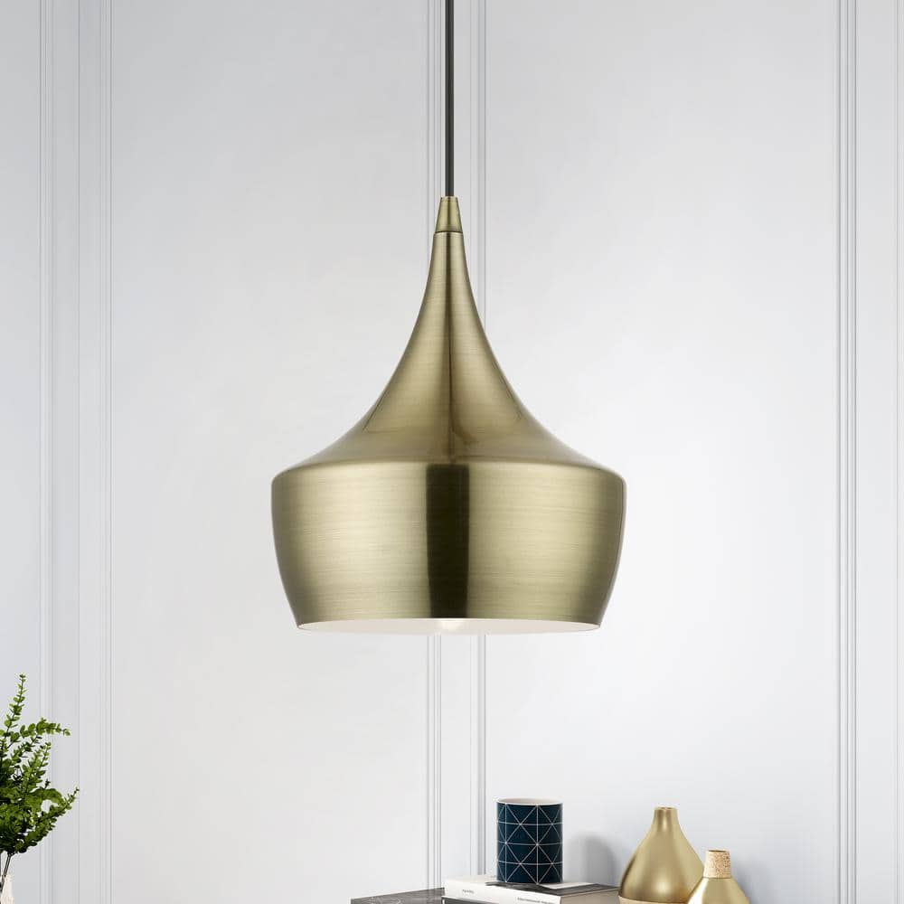 Antique Brass Teardrop Pendant Light with White Interior
