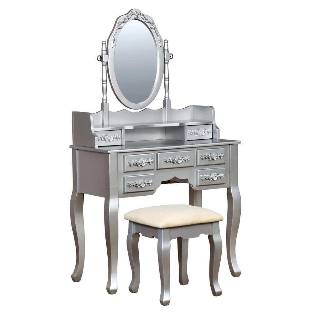2 Piece Silver Oval Mirror Vanity Set, Silver Vanity Table