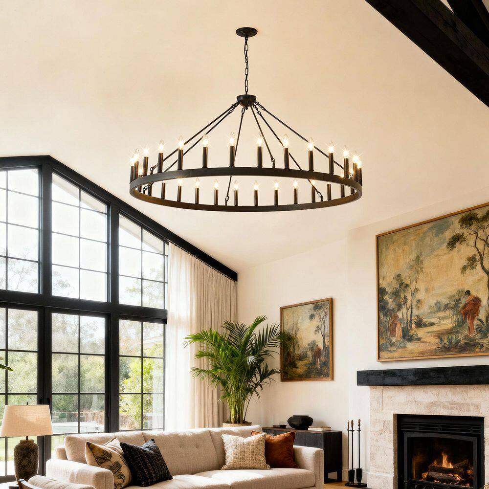 30-Light Black Wagon Wheel Chandelier, 53.15 in. Adjustable Pendant Light for Dining Room, Living Room(No Bulbs)-E12 price history on PriceWatchPro
