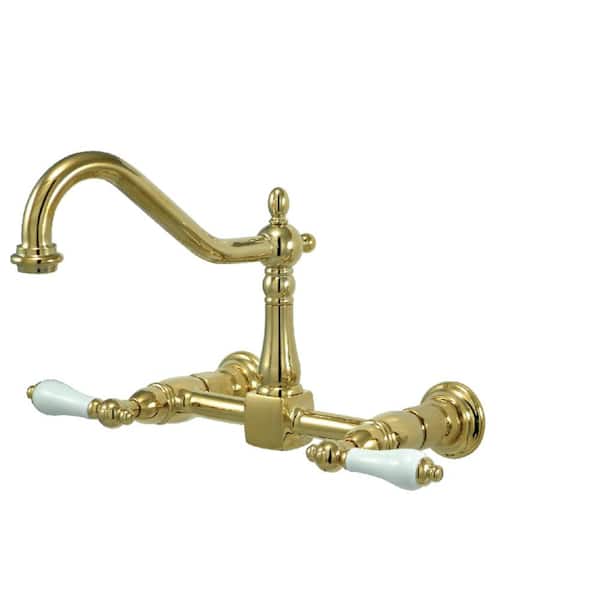 Kingston Brass Heritage 2-Handle Wall-Mount Standard Kitchen Faucet in Polished Brass
