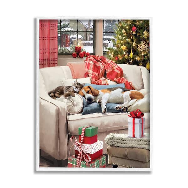 Stupell Industries Pets on Holiday Couch by Jason Kirk 1-Piece Framed Graphic Print Animal Poster Art Print 14 in. x 11 in.