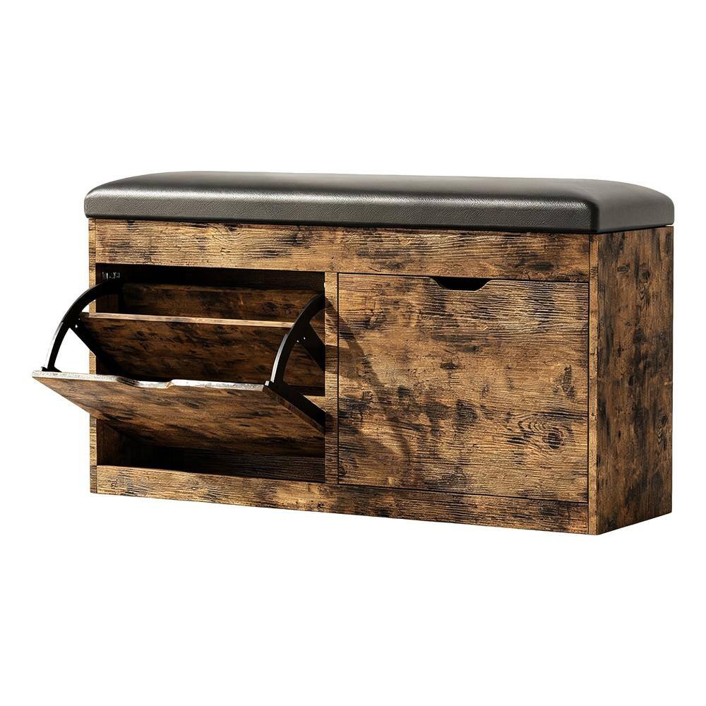 40" W Vintage Brown Wood Shoe Storage Bench with Flip Drawers and Cushion
