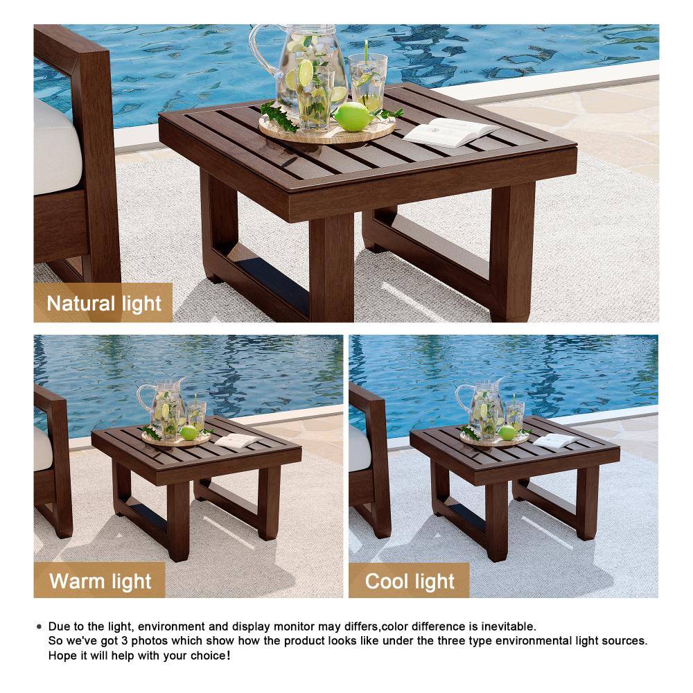Teak wood side table in different lighting conditions outdoors.