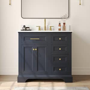 36 in. Single Sink Freestanding Dark Blue Wood Bath Vanity with White Engineered Marble Top (Assembled)