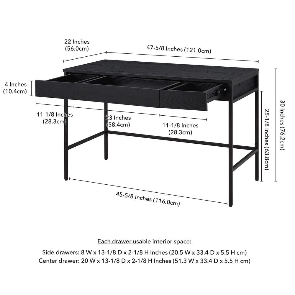 Evans 47'' Mid-Century Black Steel Base Writing Desk with Drawers