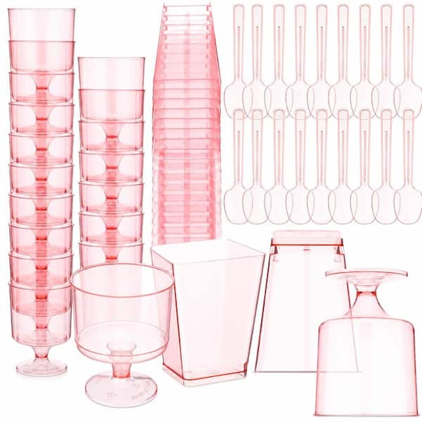 5 fl. oz. Pink Plastic Dessert Cups and Spoons Set, Clear and Pink Dessert Accessories (Set of 100 Pieces)
