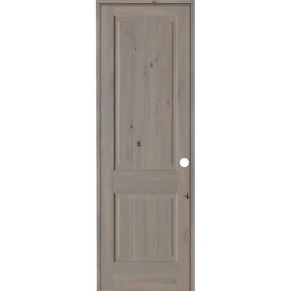 Krosswood Doors 30 in. x 96 in. Knotty Alder 2 Panel Left-Hand Square Top V-Groove Grey Stain Solid Wood Single Prehung Interior Door