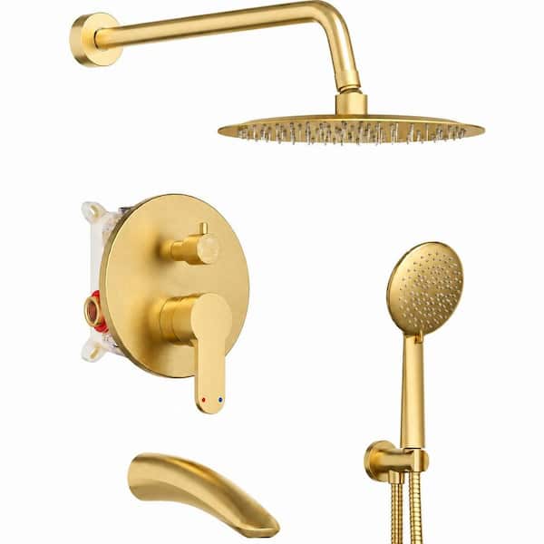Brushed Gold Shower System with 10 in. Rain Shower Head, 5-Setting Handheld Shower, Tub Spout and Valve