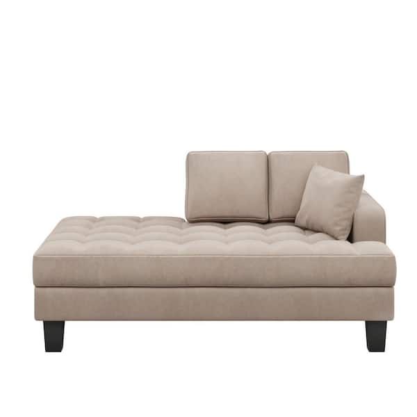 Clihome 64 in.W Tufted Upholstered Textured Fabric Beige Chaise Lounge with Pillow