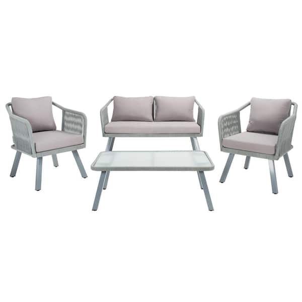 SAFAVIEH Torsla Gray 4-Piece Wicker Patio Conversation Set with Gray Cushions