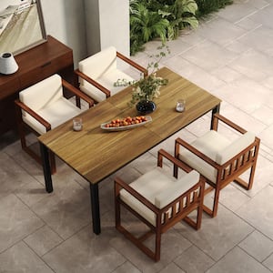 Valoria 5-Piece Outdoor Patio Dining Set with Armrests & Cushions, Metal Frame Table, Acacia Wood, Teak + Beige + Black