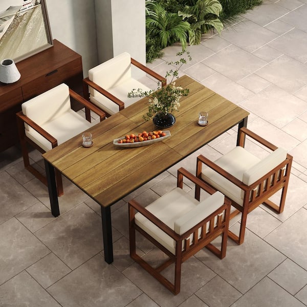 Valoria 5-Piece Outdoor Patio Dining Set with Armrests & Cushions, Metal Frame Table, Acacia Wood, Teak + Beige + Black