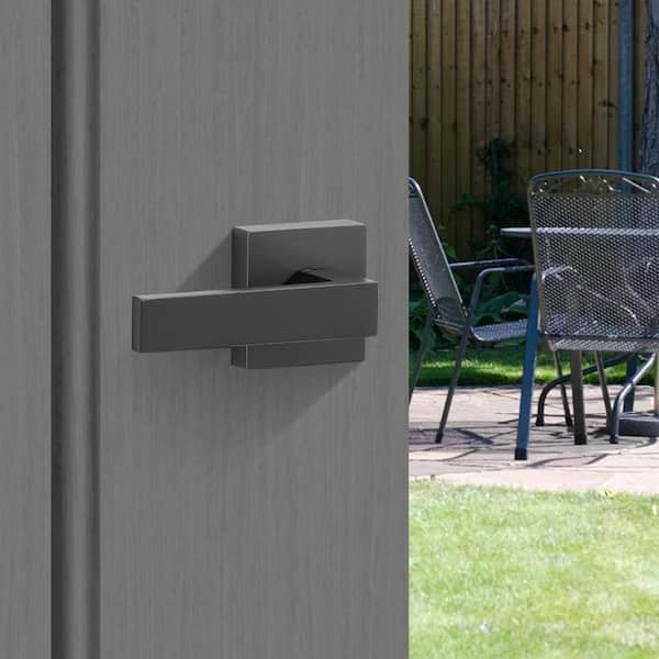 Square Front Door Handle Set with Lever, Adjustable Hole Space, No Lock, Reversible for Right/Left Doors, Matte Black
