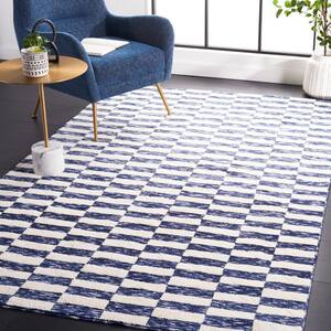 Easy Care Navy/Ivory 6 ft. x 9 ft. Machine Washable Plaid Abstract Area Rug