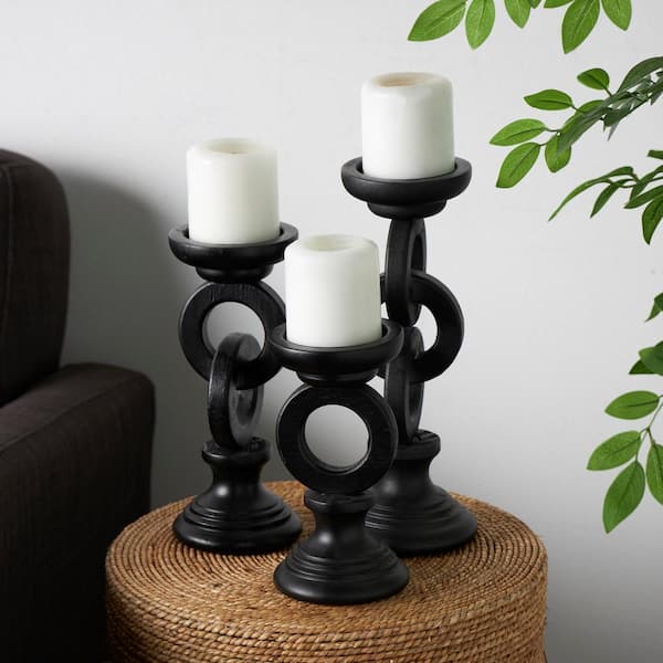 Litton Lane Black Wooden Chain Link Candle Holder (Set of 3)