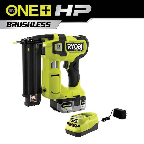 RYOBI ONE+ HP 18V 18-Gauge Brushless Cordless AirStrike Brad Nailer Kit with 4.0 Ah Battery and Charger