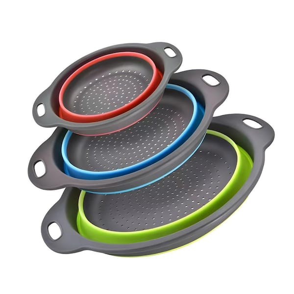 Silicone Collapsible Colanders and Strainers Set of 3, 3 qt. 4 qt. and 5 qt. Green Blue and Red, Dishwasher Safe