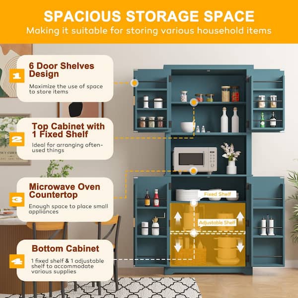 30.7 in. W MDF Wood Food Pantry Cabinet Kitchen Storage Cabinet with Shelves and Countertop in Dark Blue