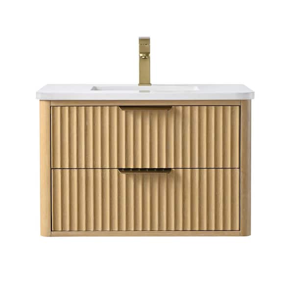 Keith 30 in. W x 20 in. D x 20 in. H Single Sink Wallmount Bath Vanity in Sunlit Oak with Carrara Engineered Stone Top