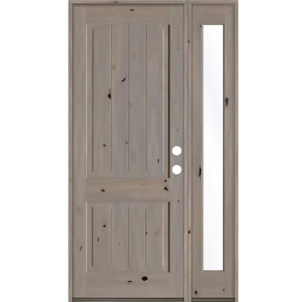 Krosswood Doors 44 in. x 96 in. Rustic knotty alder 2 Panel Left-Hand/Inswing Clear Glass Grey Stain Wood Prehung Front Door with RFSL