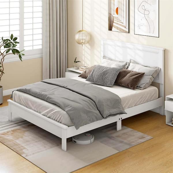 White Rubber Wood Frame Full Size Platform Bed with High Headboard Bedroom