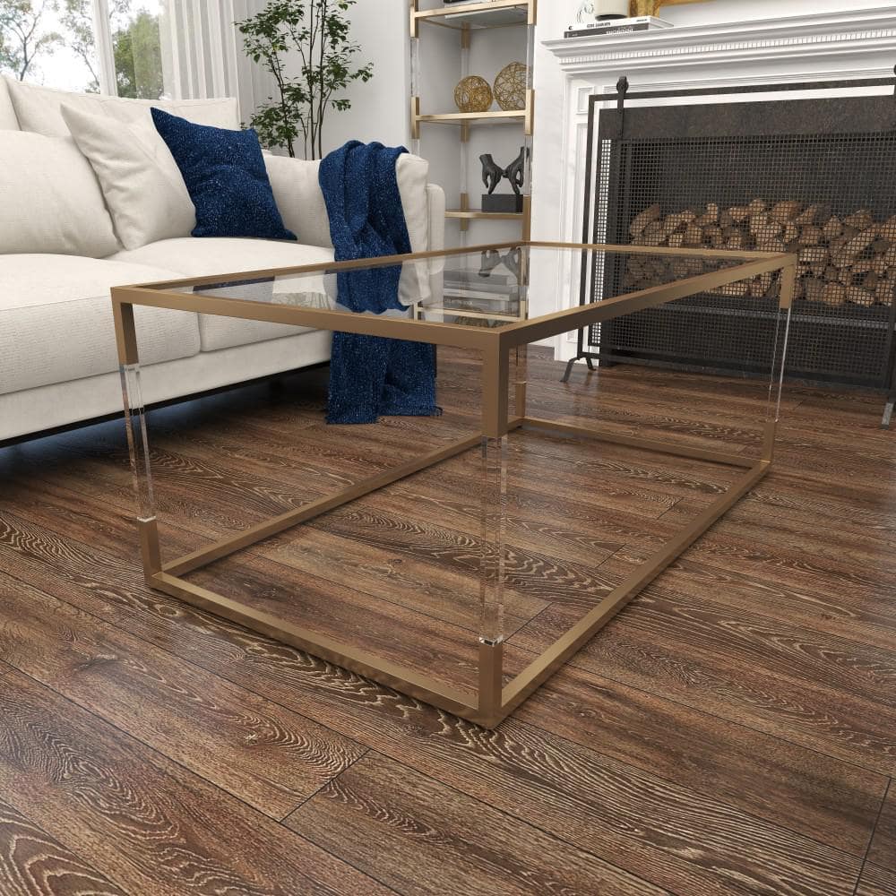 Elegant Gold and Clear Rectangular Outdoor Coffee Table with Acrylic Legs