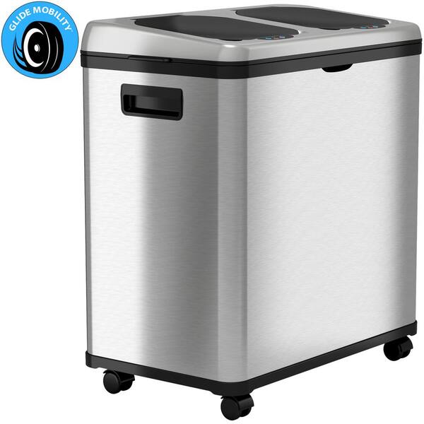 Photo 1 of 16 Gal. Dual-Compartment Stainless Steel Touchless Trash Can and Recycling Bin (8 Gal each) SEVERAL DENTS, CRACKED CORNER UNABLE TO SEAL 