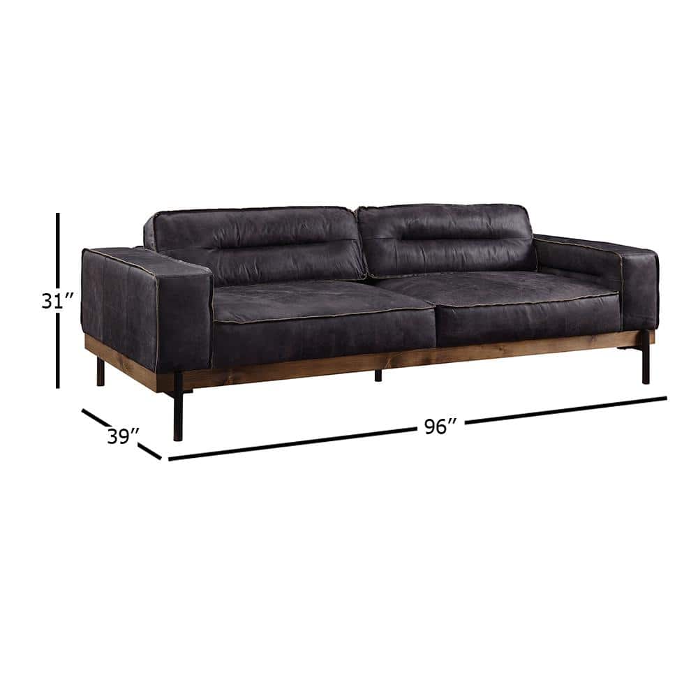 Antique Ebony Leather Sofa with Wooden Trim and Track Arms