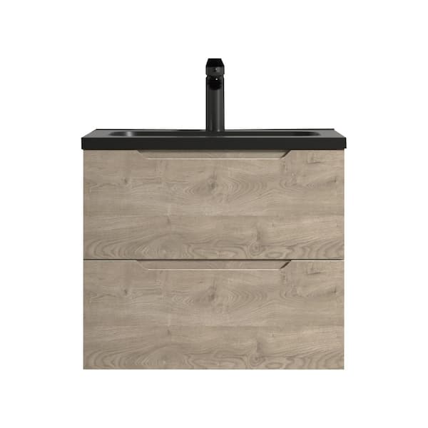 Combo 24 in. Single Evita Oak Bath Vanity Wall-mounted Floating Vanities with Matte Black Resin Stone Top 2-Drawers