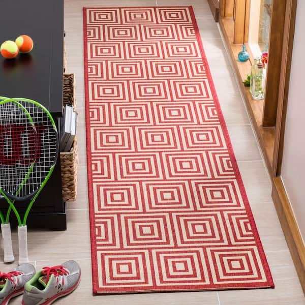 Linden Red/Cream 2 ft. x 8 ft. Border Geometric Squares Runner Rug