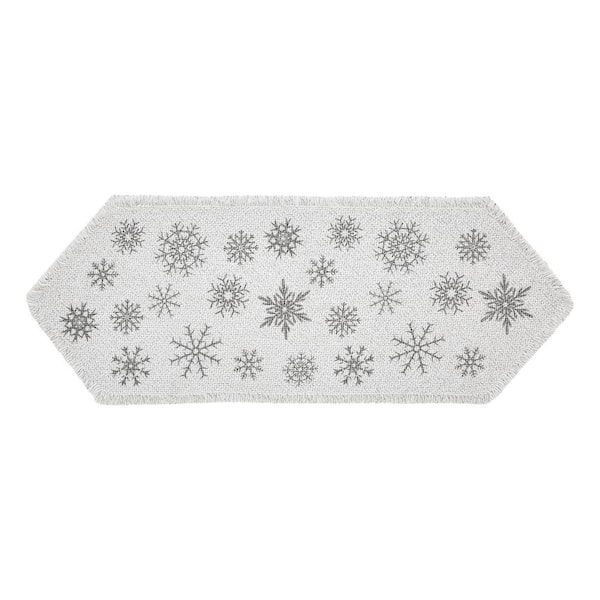 VHC BRANDS Yuletide 12 in. W x 36 in. H Antique White Silver Gray Seasonal Snowflake Cotton Burlap Table Runner