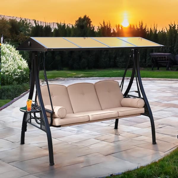 3-Person Outdoor Metal Porch Swings with Adjustable PC Canopy, Cushions, Foldable Cup Holders and Pillows, Khaki