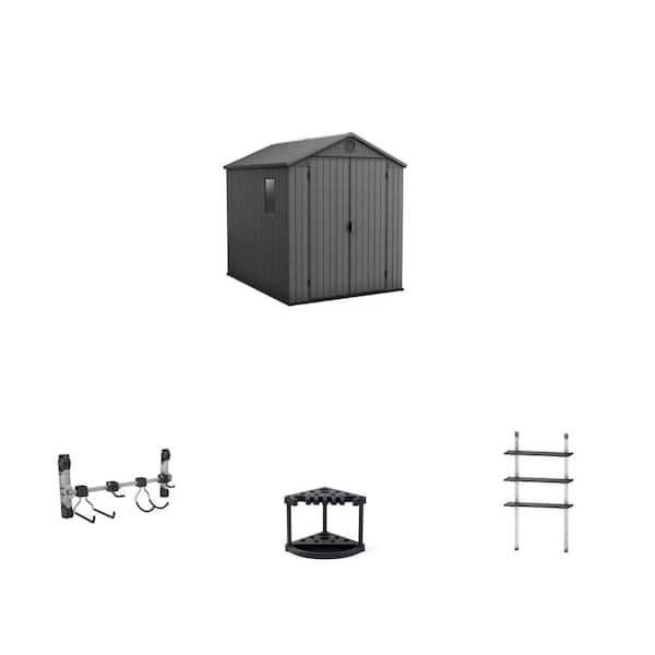 Darwin 6 ft. x 8 ft. Resin Shed, Black Shed Hook, 22 in. Tool Rack and 12 in. Adjustable Shelve Kit Combo