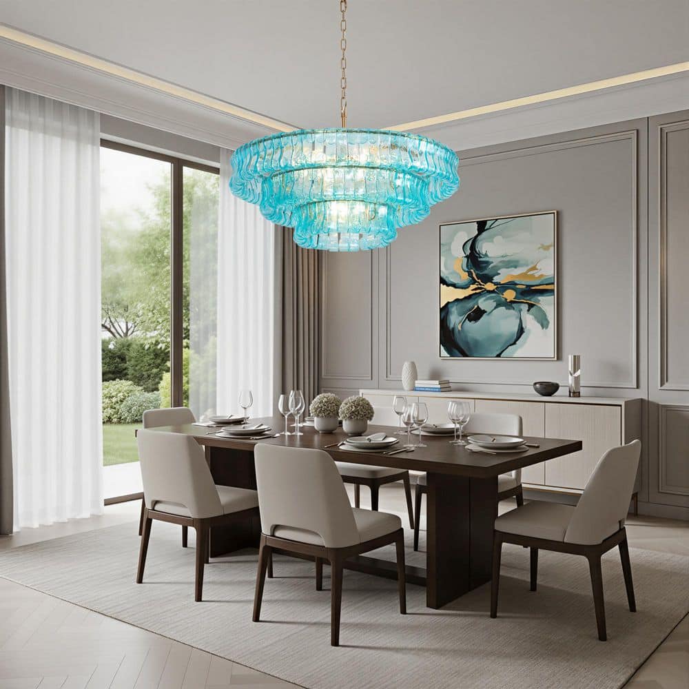 9-Light 31.4 in. Polished Brass Modern Tiered Dimmable Chandelier For Dining Room or Living Room with Blue Glass Shade price history on PriceWatchPro